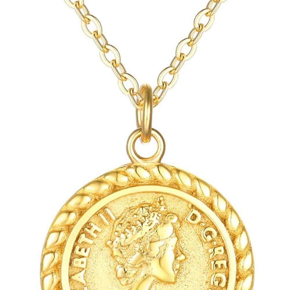 Coin Necklace 18k Gold Plated Vintage Textured Medallion Coin Pendant Round Circ